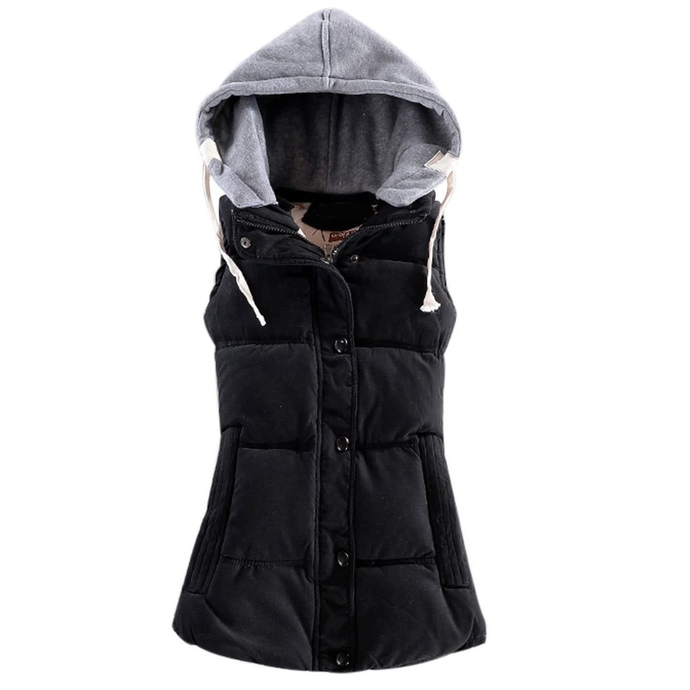 NWT‎ Yeokou Women's Hooded Puffer Vest Black Quilted Sleeveless Slim Fit Medium